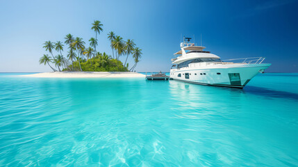 A luxurious yacht anchored near a tropical island with palm trees and white sand in the middle of a...