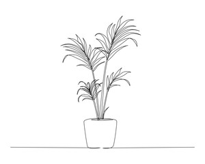 Continuous one line drawing of indoor palm plant. Palm plant in a pot single outline vector illustration. Editable stroke.