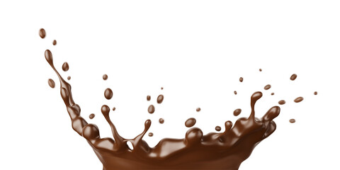 Milk Chocolate fluid splash crown flow with bubbles and drops isolated. Melted hot chocolate drink for sweet food packaging design. 3D PNG Illustration.