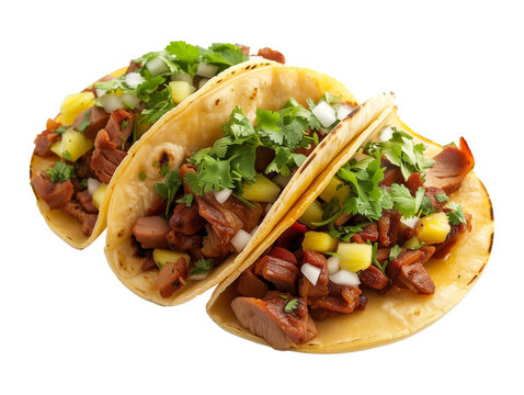 Mexican tacos with beef and vegetables, isolated on transparent background.
