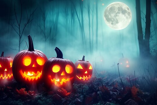 Spooky Halloween pumpkins glowing in a moonlit forest