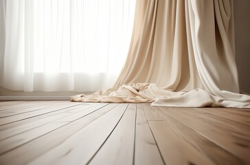 Empty wood with beige silk cloth curtains