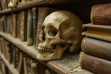 Skull in a library