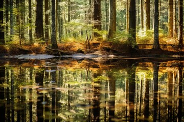 The reflection of a forest in a glassy pond