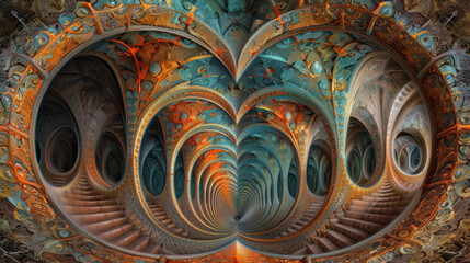 A complex fractal image showcasing an infinite loop of ornate patterns and spirals - obrazy, fototapety, plakaty