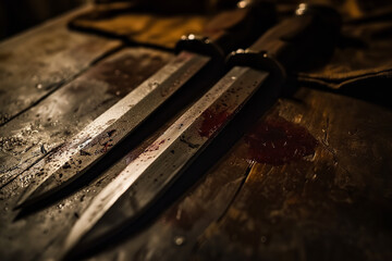 old table with bloody knives