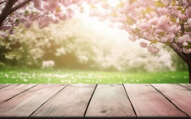 Naklejka na ściany i meble wooden desk platform and sakura tree on background
