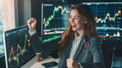 Joyful female stock trader celebrates a successful trade in front of computer monitors with financial charts