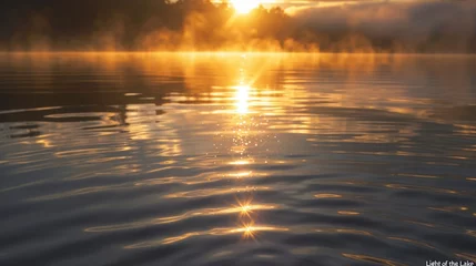 Papier Peint photo Réflexion "Light of the Lake" depicts the ethereal glow of the setting sun reflecting off the tranquil waters of a serene lake, casting a golden hue across the surface