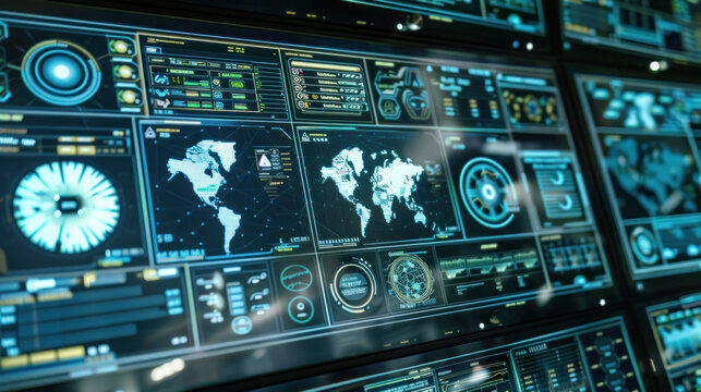 Multiple digital screens displaying interactive world maps and data analytics in a high-tech surveillance command center