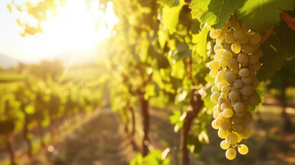 White grape clusters on vines ready for harvesting