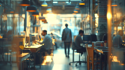 Business office with blurred people wearing casual clothes - obrazy, fototapety, plakaty