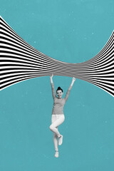 Vertical collage image of cheerful girl arms hold zebra black white colors stripes isolated on...
