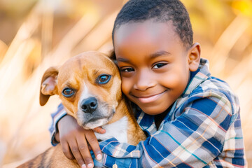 Portrait of an African boy outdoors hugging a dog while smiling. Horizontal.