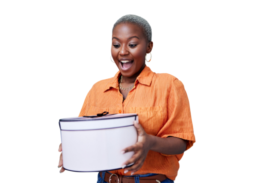 Present, box and black woman with surprise for birthday on transparent, isolated or png background. Wow, excited and girl with shock for gift, package or winner smile for giveaway with fashion