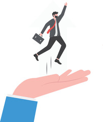 businessman standing on Human hand and pushing the business chart arrows upward, business team growth concept

