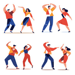 Three couples dancing happily casual clothing. Two men four women enjoy dance moves. Joyful dance gathering, leisure activity vector illustration