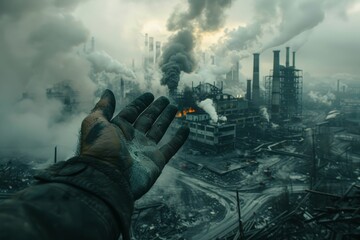 Hand holding a work or factory building belching out toxic smoke and pollution. Concept of work and environmental pollution. - obrazy, fototapety, plakaty