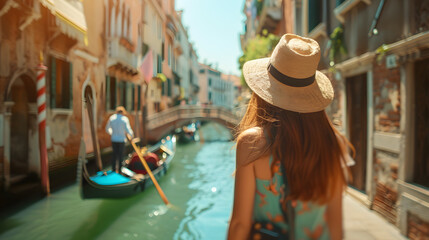 Beautiful tourist young woman walking in Venice city street on summer, Italy, tourism travel holiday vacations concept in Europe