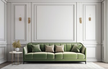 Fototapeta premium Beautiful interior of a modern room. Bright and clean design. A sofa standing by a large window against a wall background