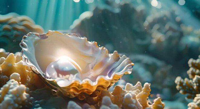 A pearl oyster bathed in a soft, shining light, set against the intricate details of coral formations, under the tranquil blue sea