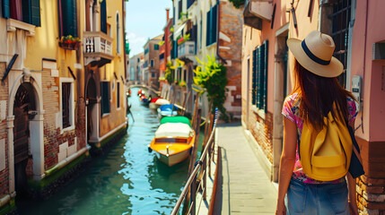 Fototapeta na wymiar Beautiful tourist young woman walking in Venice city street on summer, Italy, tourism travel holiday vacations concept in Europe