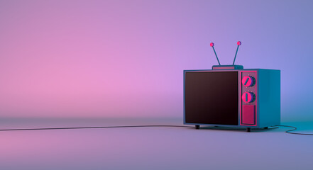 3d rendering, Television cartoon mock up in sideview shot, blank empty space for copy, neon pink and purple lighting background. 