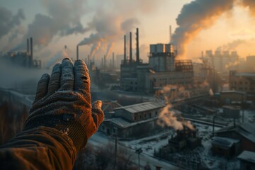 Hand holding a work or factory building belching out toxic smoke and pollution. Concept of work and environmental pollution. - obrazy, fototapety, plakaty