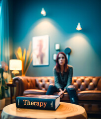 A book with the word therapy in the foreground. In the background is a young woman sitting in a therapist's office. Psychological and psychiatric treatment concept.
