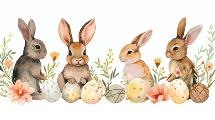 Fototapeta na wymiar Hand drawn watercolor happy easter set with bunnies