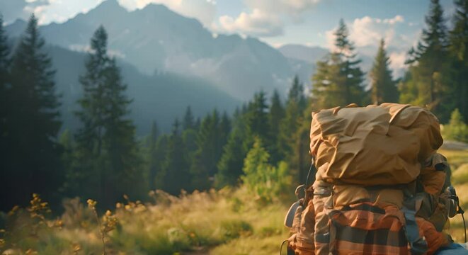 Vibrant close-up of a colorful shoulder bag on a hiker's back, detailed stitching and materials highlighted, with the serene beauty of tall trees and the mountain range in the background