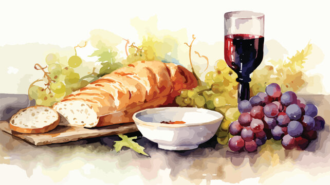 Watercolor painting of holy communion with wine background