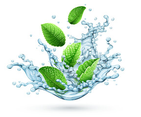 Realistic water splash with green peppermint leaves falling down. Fresh cool herbal drink with brandy mint for mojito or lemonade. Isolated transparent. PNG Illustration.