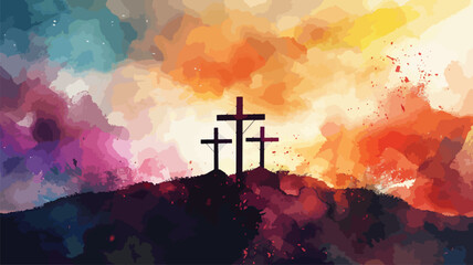 watercolor style art of three crosses on a hill - obrazy, fototapety, plakaty