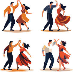 Couples dancing salsa vibrant outfits. Men women perform Latin dance moves. Expressive dance partners illustration. Rhythm, joy, movement vector illustration