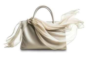 A stylish white purse with a flowing silk scarf placed neatly on top, showcasing a fashion-forward combination. Isolated - obrazy, fototapety, plakaty