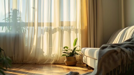 Curtain interior decoration in living room with sunlight