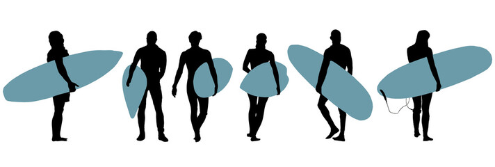 set de silhouettes et pictogrammes de surfeurs détourés 