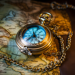 Antique pocket watch on a weathered map.