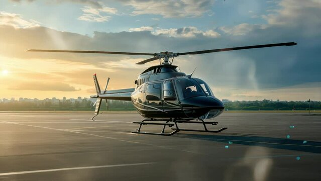 Animation private helicopter parked on the airport runway. seamless 4k video background. generated with ai	
