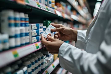  Hand of a pharmacist picking up a medicine from the pharmacy shelves. © arhendrix