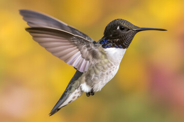 A hummingbird hovers mid-flight, its iridescent wings displaying intricate patterns against a blurred backdrop of yellow