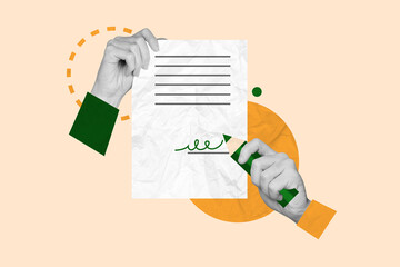 Picture artwork collage of arms hold paper signed document isolated on drawing pink background