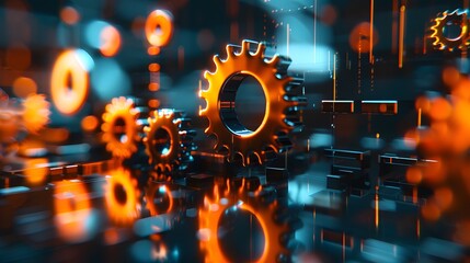Gears icon on a digital display with reflection. Concept of business process workflow optimisation and automation, digital transformation, robotic process automation and flowing process management.   - obrazy, fototapety, plakaty