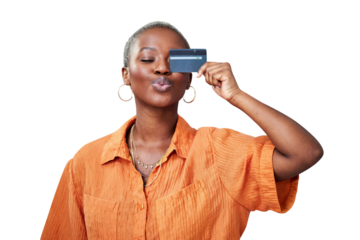 Woman, kiss and face with credit card for payment of retail shopping, finance and consumer with happiness. Black person, customer and financial deal or discount isolated on png transparent background