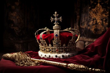 A crown atop a royal robe and scepter