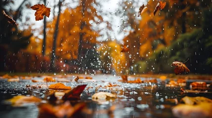 Fotobehang landscape autumn rain drops splashes in the forest background, october weather landscape beautiful park.   © Ziyan