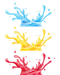 Set of splashes of clean drinking mineral water orange and raspberry juices. Spray scattering drops isolated transparent background. PNG Illustration.