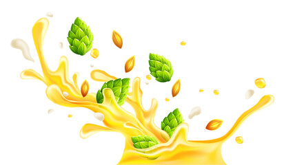 Craft Beer with hops and seeds of wheat falling in splash of drink with foam and splashes. Ingredients for creating crafting lager ale beer. Realistic drawing. PNG Illustration.