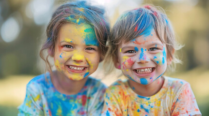 Two Joyful children with colorful faces celebrating a festival of colors - obrazy, fototapety, plakaty